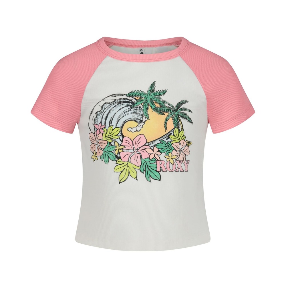 NWT Roxy Girls Plumeria Swell Ribbed Crew Neck Graphic T-Shirt Pink/White XL/16